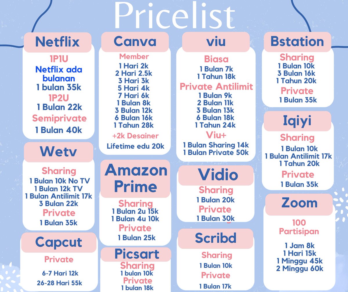 mcising's tweet image. JUAL BELI SEWA LANGGANAN APK APP AKUN PREM BUTUHPREMIUM PRO NETFLIX ADA READY NEED CANVA VIU BSTATION WETV PRIME VIDEO VIDIO IQIYI CAPCUT PICSART SCRIBD ZOOM PRIVATE SHARING BULANAN wa.me/628153165530 122