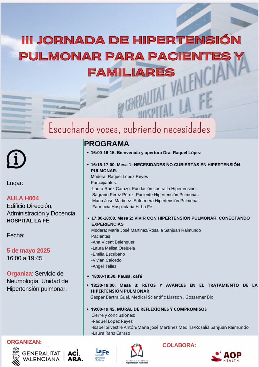 ✅III Jornada de Hipertensión Pulmonar para Pacientes y Familiares 

📅 Fecha: 5 de mayo de 2025

📍 Lugar: <a href="/HospitalLaFe/">HospitalLaFe</a> . Edificio docencia. Aula 4

Hablaremos de necesidades no cubiertas, compartiremos experiencias reales y exploraremos retos y avances en el tratamiento.