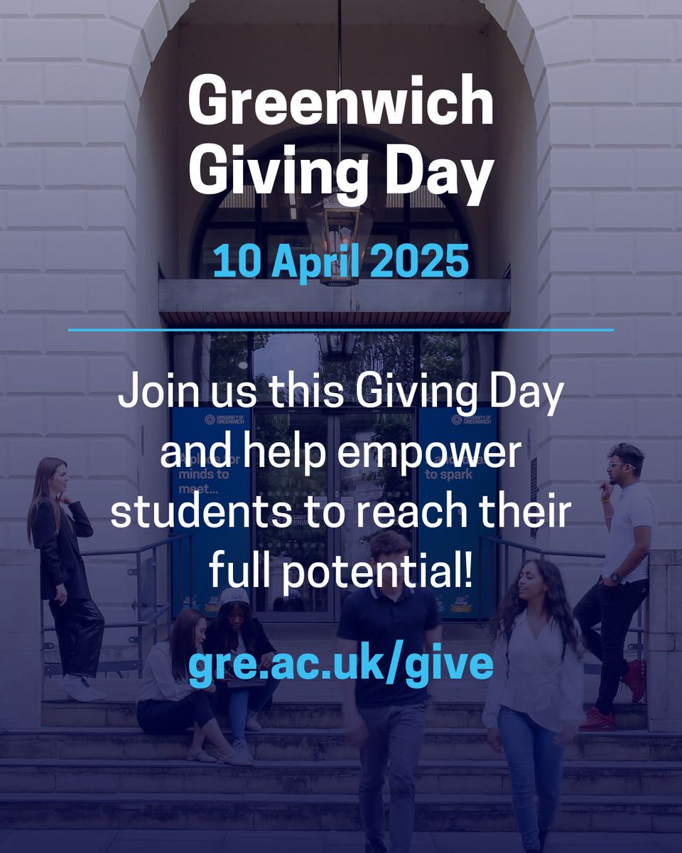 🗓️ Mark your calendar for Thursday, 10 April – the Greenwich Giving Day 2025! This is our first online giving day that brings the Uni of Greenwich community together and a chance for you to change the life of a Greenwich student: orlo.uk/06Ale #GreenwichGives