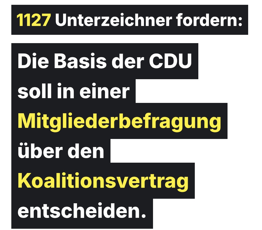 Wird die Geisterfahrt von Merz gestoppt? Jeder von uns kann seinen  Teil dazu beitragen: Die Petition, die bei der Union einen Basisentscheid durchsetzen will, kann jeder unterschreiben - man muss kein Mitglied von CDU CSU sein.
Bitte TEILT und unterschreibt!