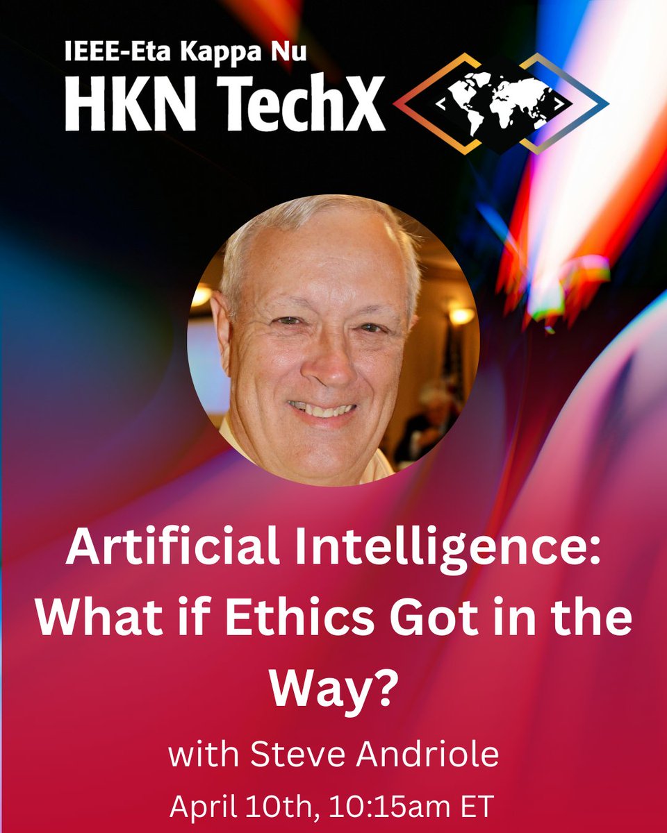 "Artificial Intelligence: What if Ethics Got in the Way" is just one of many fascinating presentations that will be taking place at HKN TechX! Be sure to register today to join us for this 3-day online conference: techx.hkn.events/registration/ #HKNTechX
