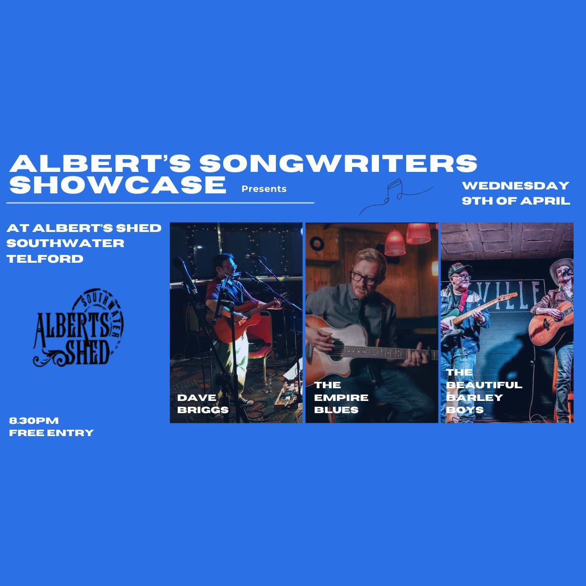 Starting on Wednesday 9th April 2025 at Albert's Shed Southwater - Albert's Songwriters Showcase, a bi weekly feast of Shropshire's finest grassroots musicians. From 8.30pm, FREE ENTRY.