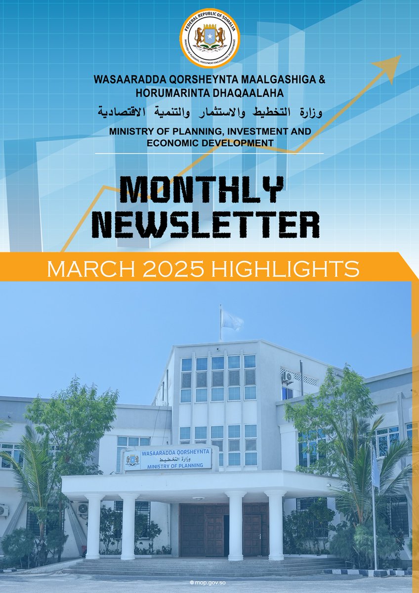 MoPIED_Somalia's tweet photo. March 2025 Newsletter is out!
Discover the latest milestones, strategic initiatives, and key activities from @MoPIED_Somalia driving national growth.
Read more: https://t.co/uLhonvZgQJ
#Somalia #MOPIED #Development #Planning https://t.co/sJMD0Bmw51