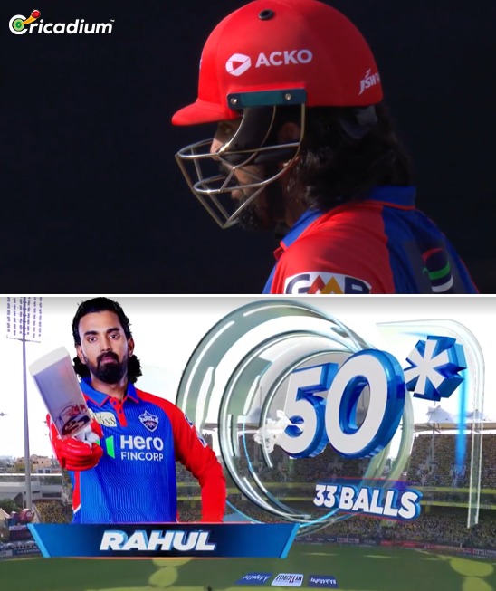 Cricadium's tweet image. KL Rahul brings up his first fifty of IPL 2025! 🎉🔥

📸 Jio Hotstar 

#KLrahul #IPL2025 #FirstFifty #Cricket #Icc #CSKvsDC #DC