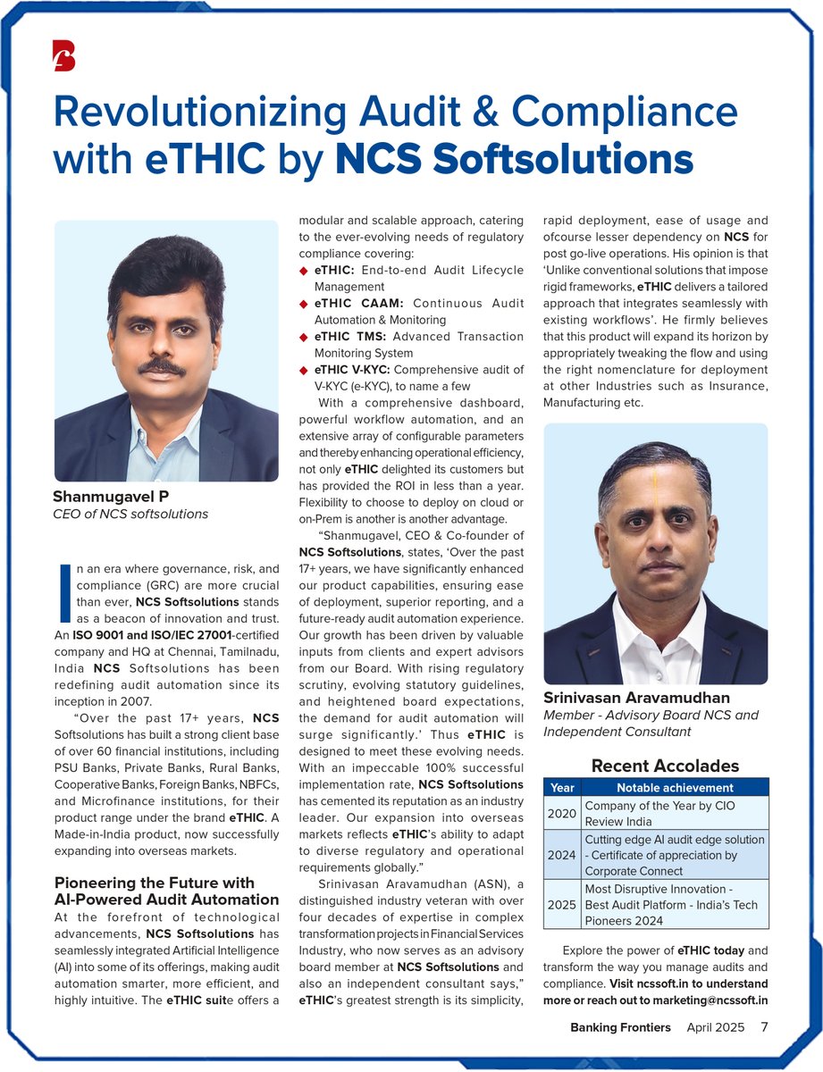 NCSSoft's tweet image. Exciting News!
NCS Softsolutions is featured in Banking Frontiers (April 2025) for revolutionizing audit automation with eTHIC—our AI-powered GRC platform trusted by 60+ BFSI clients.
Leading the way in compliance innovation!
#eTHIC #AuditAutomation #GRC #NCSSoftsolutions
