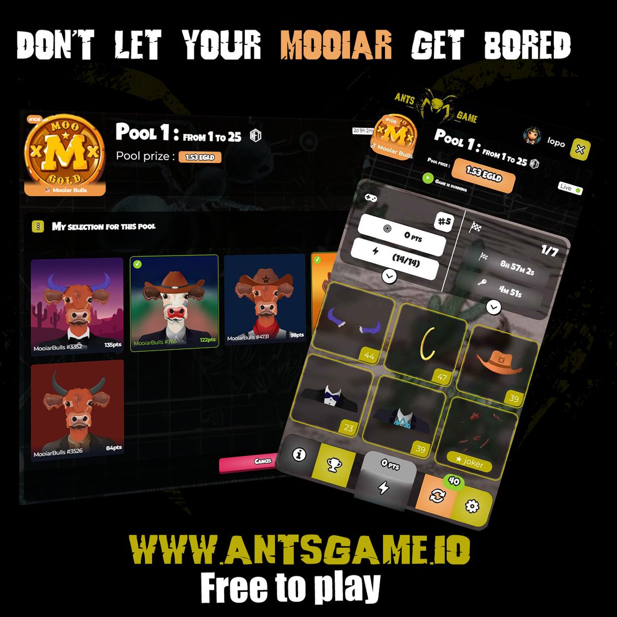 xAntsGame (@xantsgame) on Twitter photo ๐๐ฅ The <a href="/MooiarNFT/">Mooiar NFT | $MOO</a> are taking over <a href="/xAntsGame/">xAntsGame</a> ! ๐ฅ๐
Got Mooiar NFTs? Itโs time to put them to the test in Ants Game! ๐๐ฅJoin the arena, compete against other players, and win exclusive rewards! ๐ฏ๐
๐ก More NFTs = More power! Build your squad and show who's boss.
๐ ๐๐ฅ The <a href="/MooiarNFT/">Mooiar NFT | $MOO</a> are taking over <a href="/xAntsGame/">xAntsGame</a> ! ๐ฅ๐
Got Mooiar NFTs? Itโs time to put them to the test in Ants Game! ๐๐ฅJoin the arena, compete against other players, and win exclusive rewards! ๐ฏ๐
๐ก More NFTs = More power! Build your squad and show who's boss.
๐