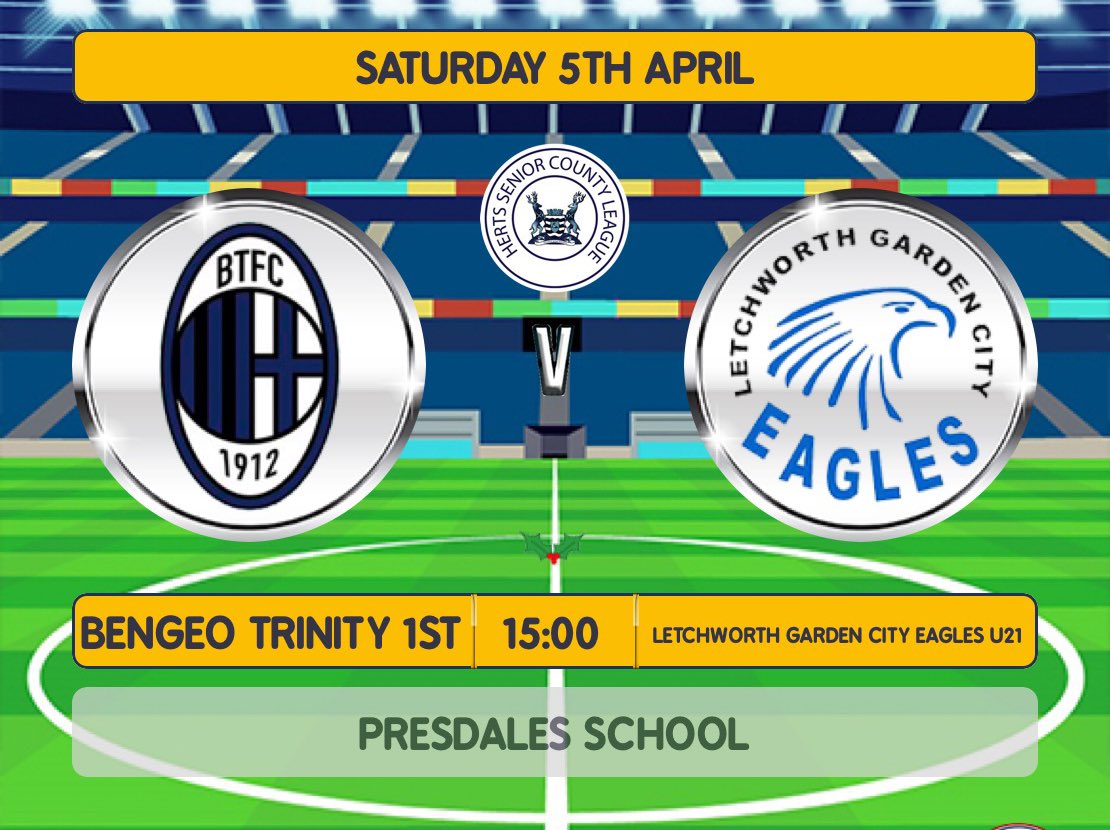 First Team Matchday! 
⚽️ Herts Senior County League, Div 4
🆚 Letchworth Garden City Eagles U21 (H)
🕒 3pm KO
📍 Presdales School &amp; Sixth Form
Hoe Lane, Ware, SG12 9NX
Come on down and support the lads!