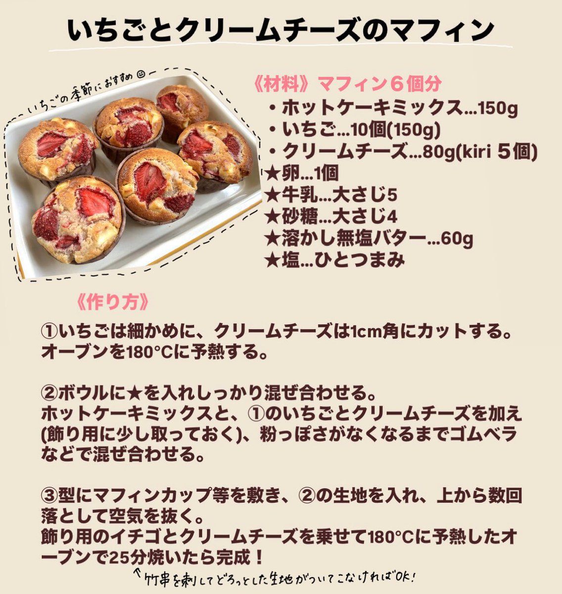 ホットケーキミックスで作るいちごとクリームチーズのマフィン🍓
焼き立ても美味しいけど冷めてしっとりしたバージョンも美味しい〜🤤