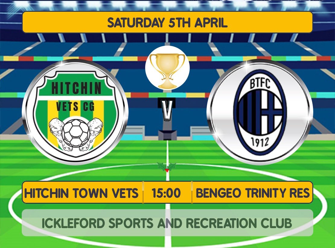 Bengeo Trinity FC (@bengeotrinityfc) on Twitter photo Reserves Matchday!
๐ Peace Memorial Trophy - Quarter Final
๐ <a href="/FcStjohns/">Hitchin town CG</a> (H)
๐ 3pm KO
๐ ICKLEFORD SPORTS AND RECREATION CLUB, CHAMBERS LANE, ICKLEFORD, HITCHIN, Hertfordshire SG5 3YA
Come over and support the lads! Reserves Matchday!
๐ Peace Memorial Trophy - Quarter Final
๐ <a href="/FcStjohns/">Hitchin town CG</a> (H)
๐ 3pm KO
๐ ICKLEFORD SPORTS AND RECREATION CLUB, CHAMBERS LANE, ICKLEFORD, HITCHIN, Hertfordshire SG5 3YA
Come over and support the lads!