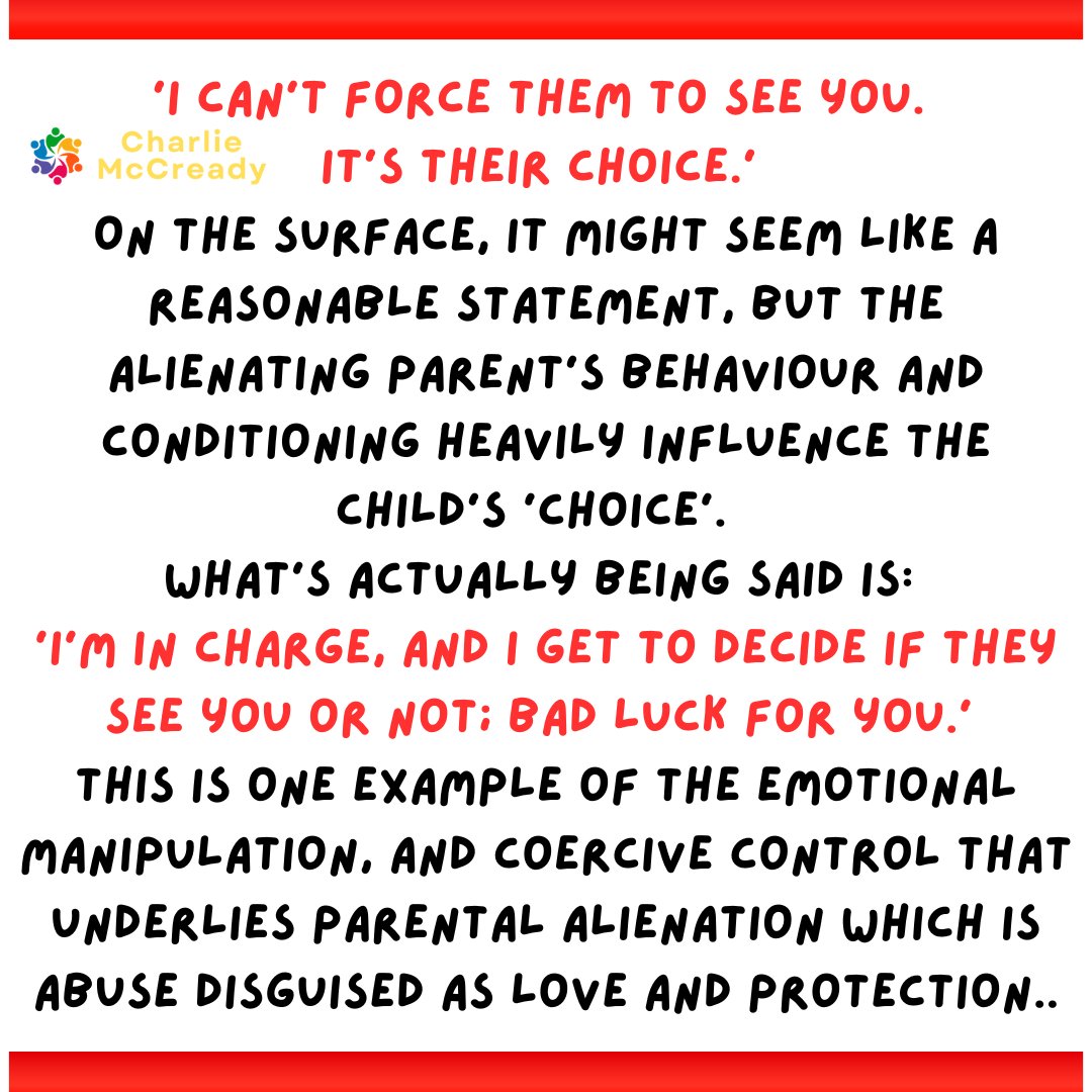 Charlie_PACoach's tweet photo. Taking, ‘it’s their choice’ at face value fails to recognise the extent of coercive control, psychological abuse, and manipulation at play, which can have profound negative effects on the child's emotional development and well-being

#parentalalienation #coercivecontrol https://t.co/sg0iKeAv1s