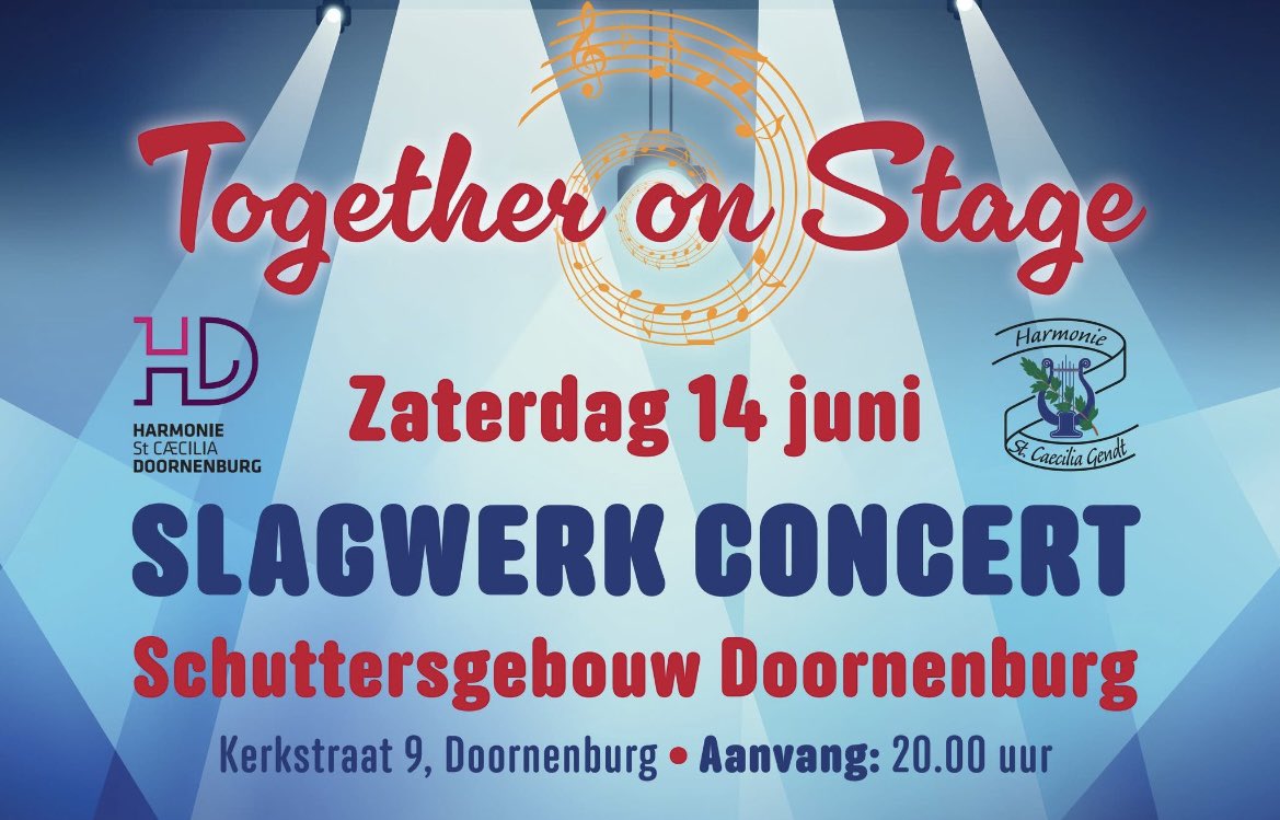 Vandaag is de voorverkoop voor het slagwerkconcert Together on Stage gestart. Het concert van St. Caecilia Gendt en St. Caecilia Doornenburg vindt plaats op 14 juni a.s. in het Schuttersgebouw.
Van 12.00 uur tot 16.00 uur zijn de kaarten à €10 te koop bij Spar Doornenburg.
