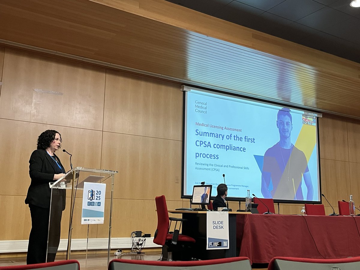 Zoë Makin (<a href="/gmcuk/">GMC</a>) presents a summary of the first compliance process done for the CPSA (Clinical and Professional Skills Assessment) to the participants of EBMA2025.