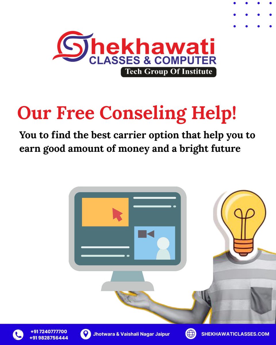 shekhaw29839's tweet image. 🚀 Join Shekhawati Classes and Computer – the No.1 Computer Institute in Jhotwara & Vaishali Nagar, Jaipur!
Invest yourself join best computer training institute in Jaipur.#ShekhawatiClasses #ComputerInstituteJaipur #BestComputerClasses #WebDevelopmentJaipur #DigitalMarketing