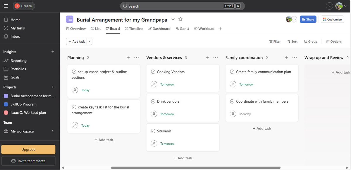 mosun0000's tweet image. It’s a tough task, but staying organized is helping me navigate it. More updates to come as we progress. 💪
#BurialArrangement #ProjectManagement #TaskOrganization #FamilySupport #asana #asanamockprojects