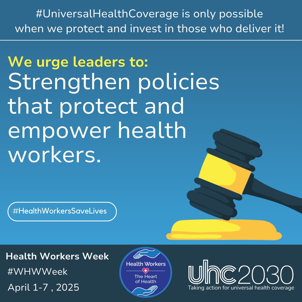 #HealthWorkersSaveLives but shouldn’t risk their own. 
COVID-19 exposed their vulnerability—from infection risk to lack of tests, paid leave, treatment &amp; vaccines. To achieve #HealthForAll, leaders must strengthen the protection of health workers—especially women, who make up 67%