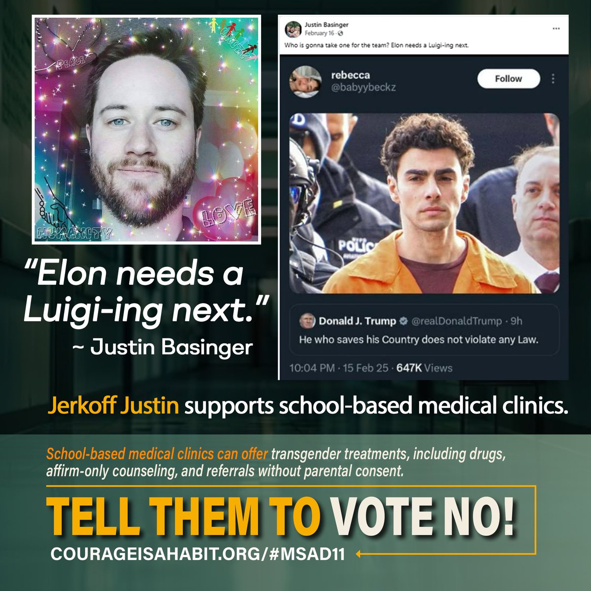 A Maine transgender cultist Justin Basinger advocates for <a href="/elonmusk/">Elon Musk</a> to be shot in the back and killed. 

This is the type of unhinged lunatics that support school-based medical clinics. A shocker to no one.