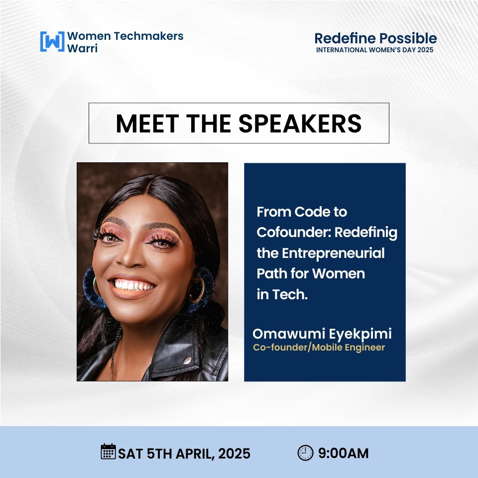 This women's day, we're highlighting incredible Women in tech.

Omawumi Eyekpimi - A developer and Co-Founder.

Her contribution inspires, innovative and empowered the tech Community.

#IWD2025 
#IWDWarri
#wtmwarri
#GDG
#womenintech 
#womentechmaker