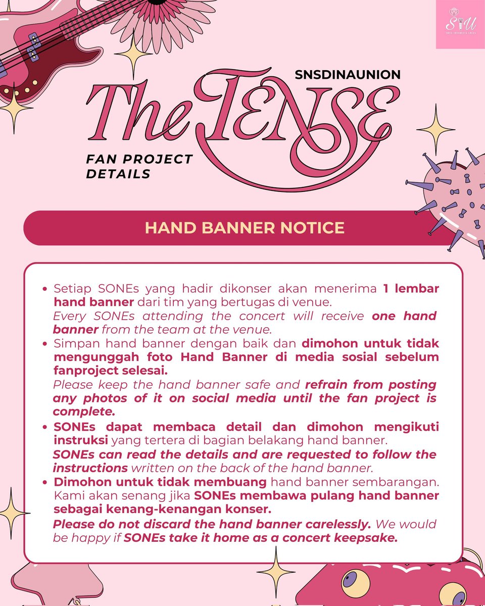 💜 Hand Banner  🩷

Akan dibagikan pada saat SONE akan memasuki venue.
Arahan kapan Hand Banner akan digunakan sudah tertulis di sisi belakang Hand Banner.

#TAEYEON 
#TAEYEON_TheTENSE_in_JAKARTA
#TAEYEON_TheTENSE