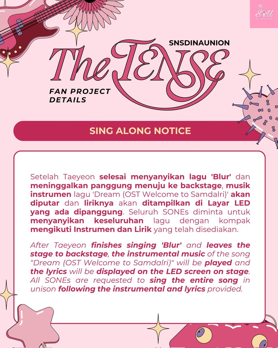SNSDINAUNION's tweet photo. 💜 SING ALONG 🩷

Dengan lagu ‘Dream’, SONE akan bernyanyi bersama saat Encore berlangsung. 
Lirik yang dinyanyikan berada di sisi belakang Hand Banner. Selain itu, lirik juga akan ditayangkan di layar LED panggung beserta instrumen musik.

#TAEYEON
#TAEYEON_TheTENSE_in_JAKARTA