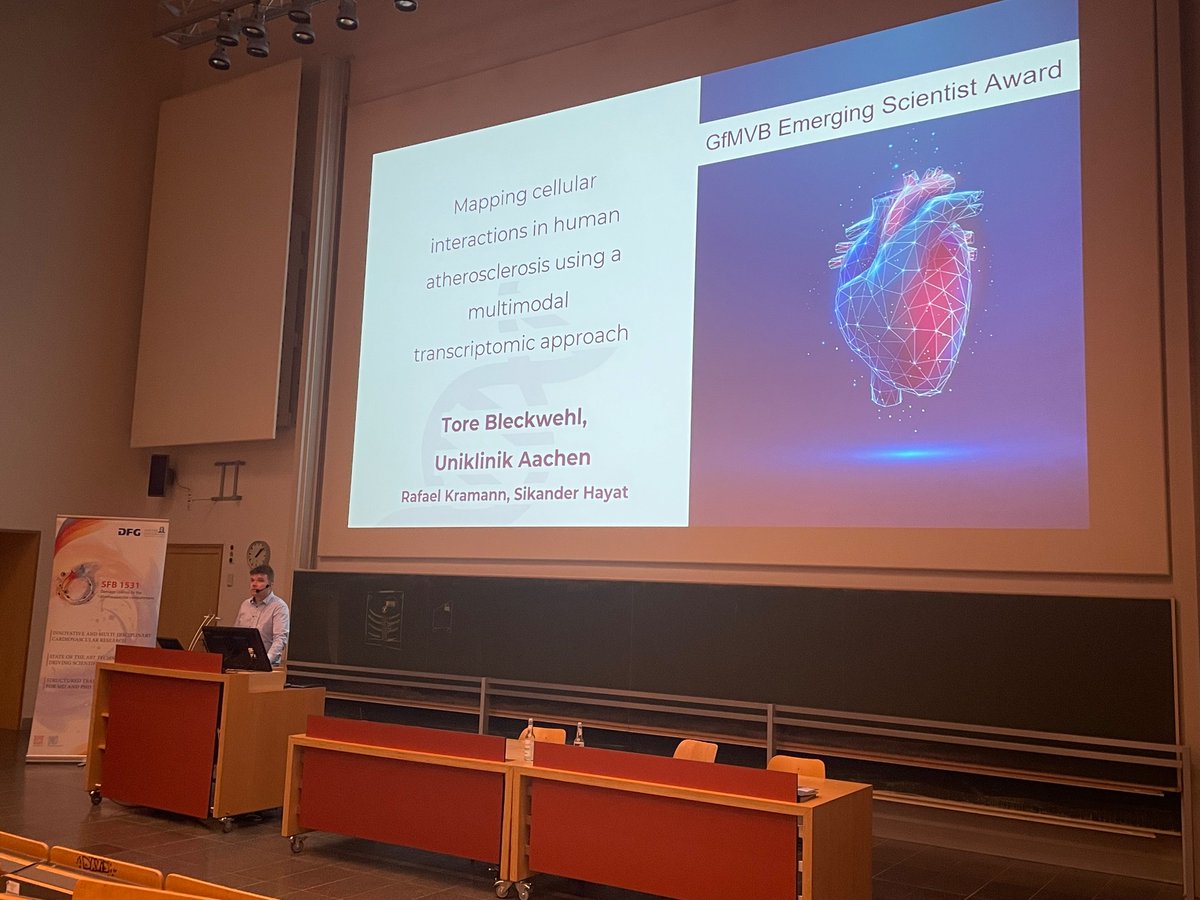 Emerging Scientist Award session with three finalists at #pcvb2025 in Frankfurt <a href="/SFB1531/">SFB 1531</a> - Tore Bleckwehl from <a href="/RWTH/">RWTH Aachen</a> presenting on spatial transcriptomics in human atherosclerosis