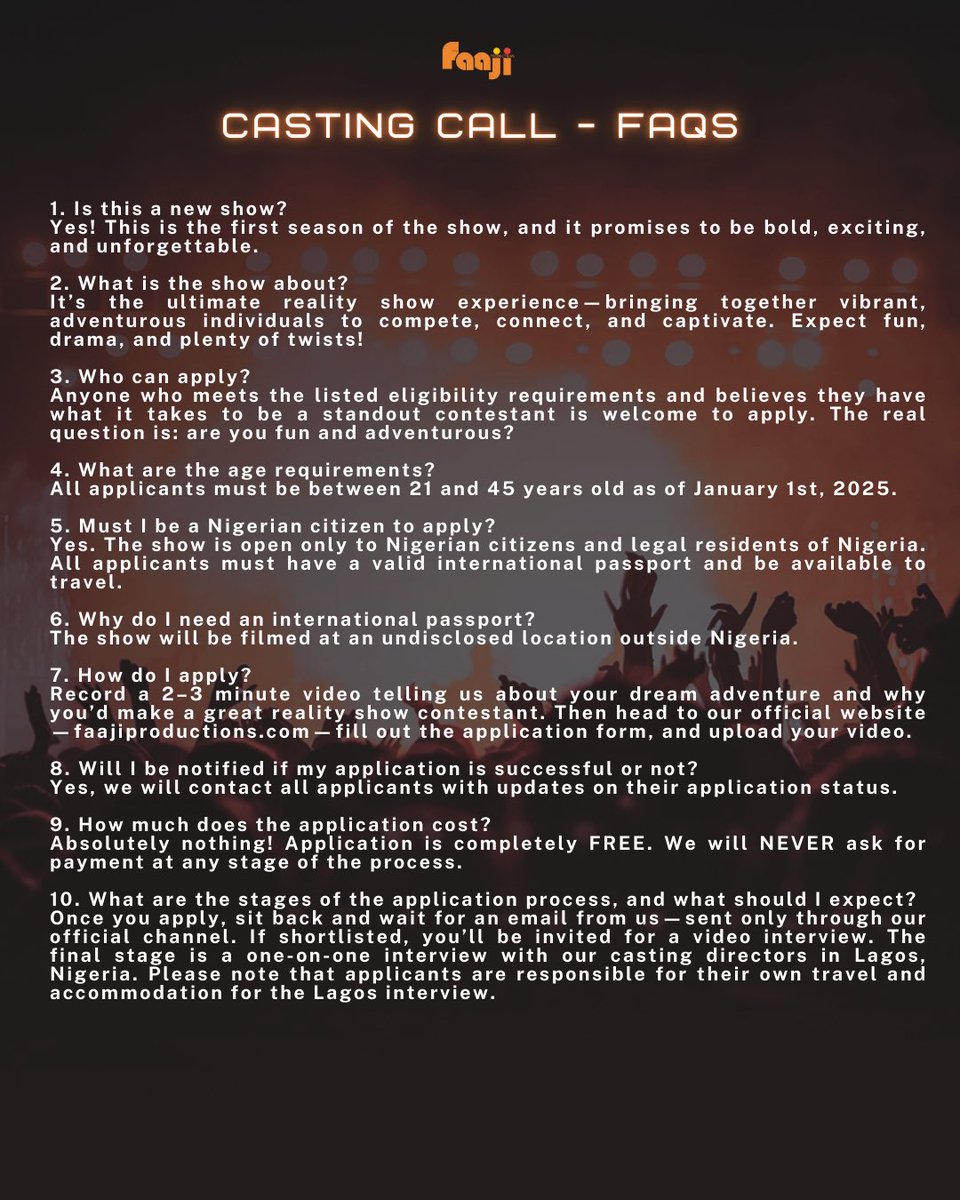 Faajiproduction's tweet image. Everything you need to know about the show is in our FAQ!

Apply here: faajiproductions.com 

#CastingCallFAQs #FaajiProductions #StaySharp #nigeriatok #realityshow