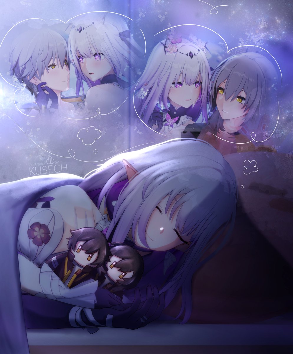 Kusechh's tweet image. ☔ A peaceful dream.. in their warm arms~
💜 Without spoiling the plot, I explored the reason why they can touch her. #honkaistarrail #Castorice #Stelle #Caelus #Castelle #Caerice