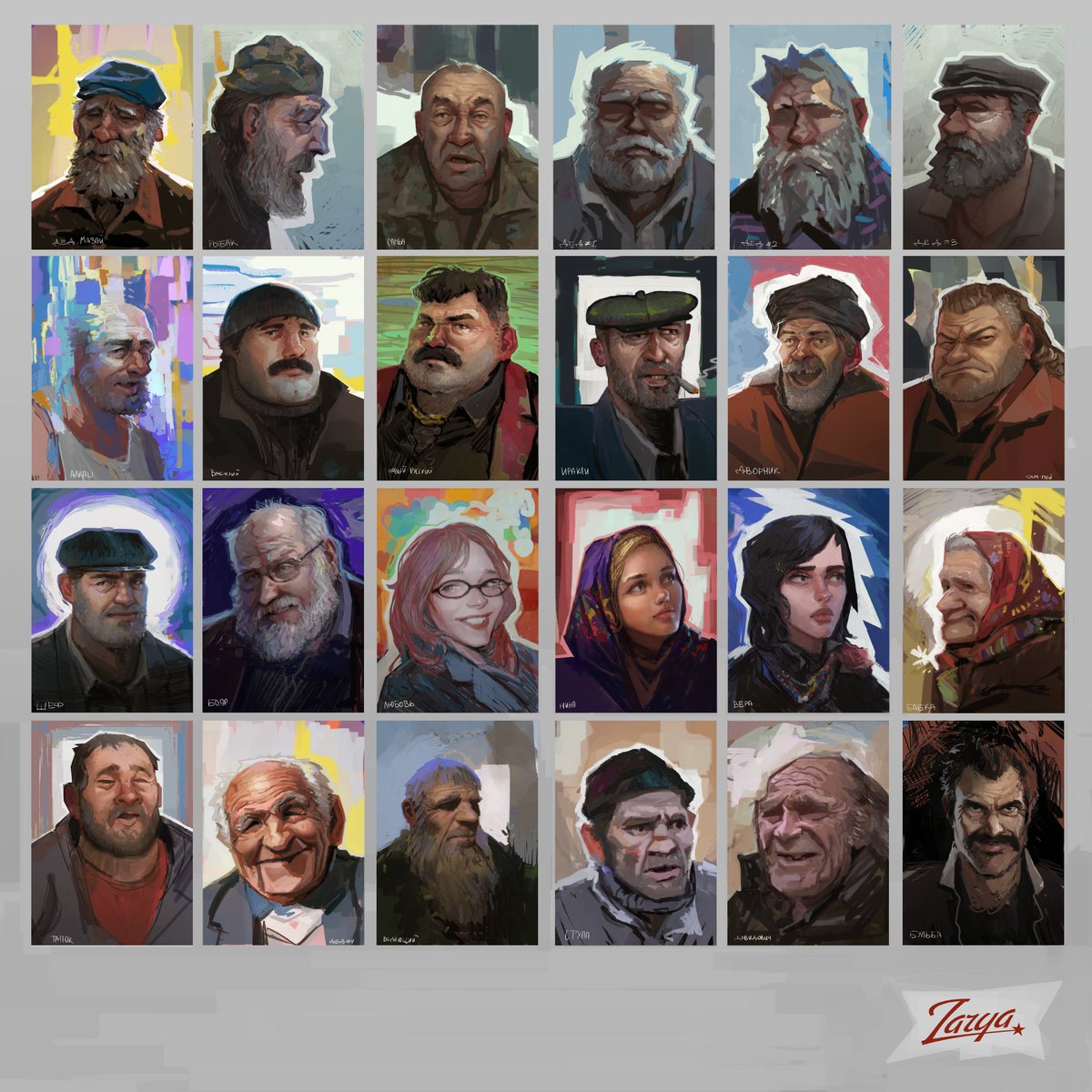 We love portraits.

We admire the expressive brilliance of <a href="/artofrostov/">Aleksander Rostov</a> — his work on Disco Elysium is nothing short of iconic.

In Zarya, we draw every character by hand — no AI, just soul and pencil.
Here’s just a glimpse of our world: drivers, mechanics, grandmas and grandpas