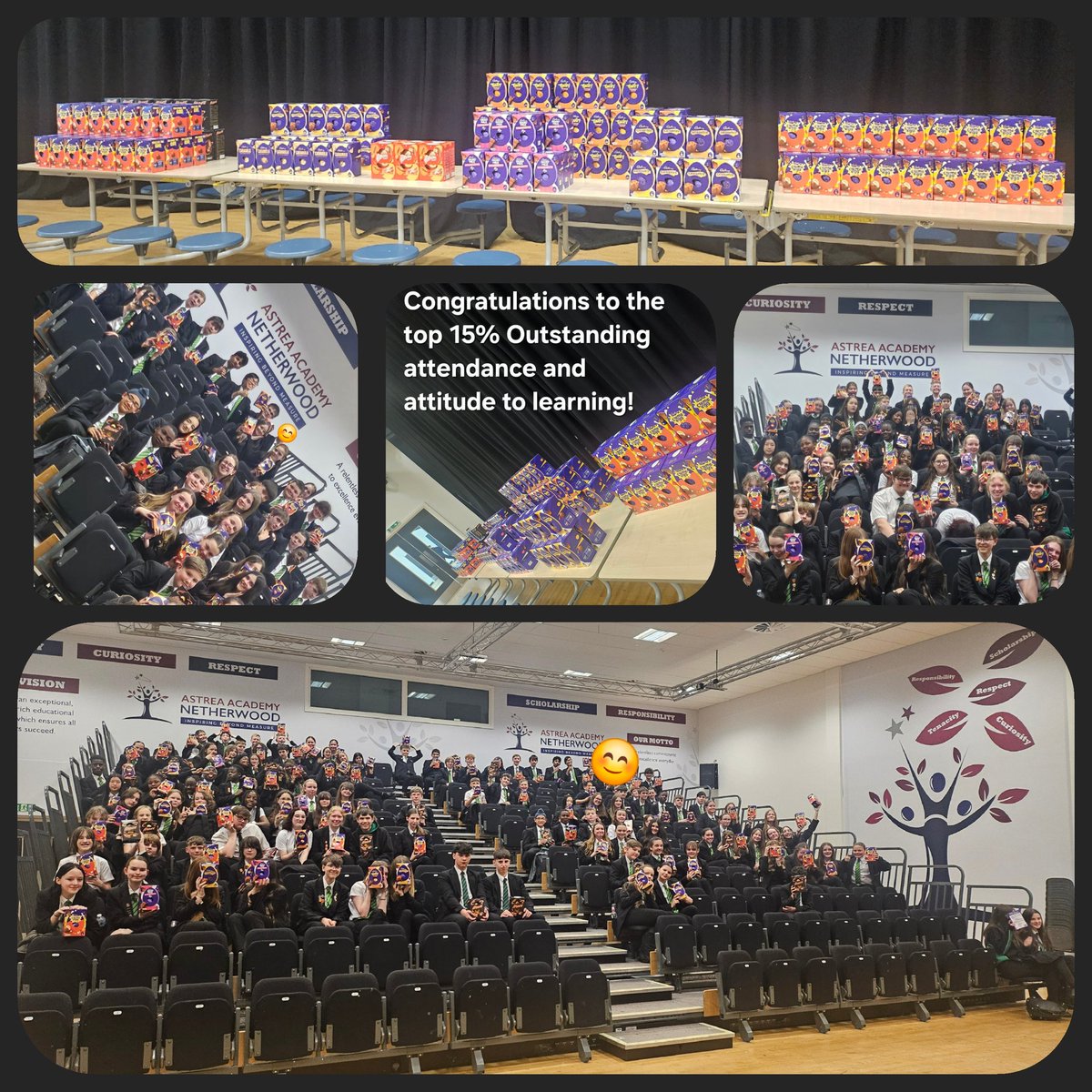 Yesterday we finished the day with a chocolately celebration for the top 15% in the academy. We are incredibly proud of the determination and resilience shown by our scholars. The empty seats at the front were filled with Y11 who went back to lessons! #EveryMinuteMatters #Astrea