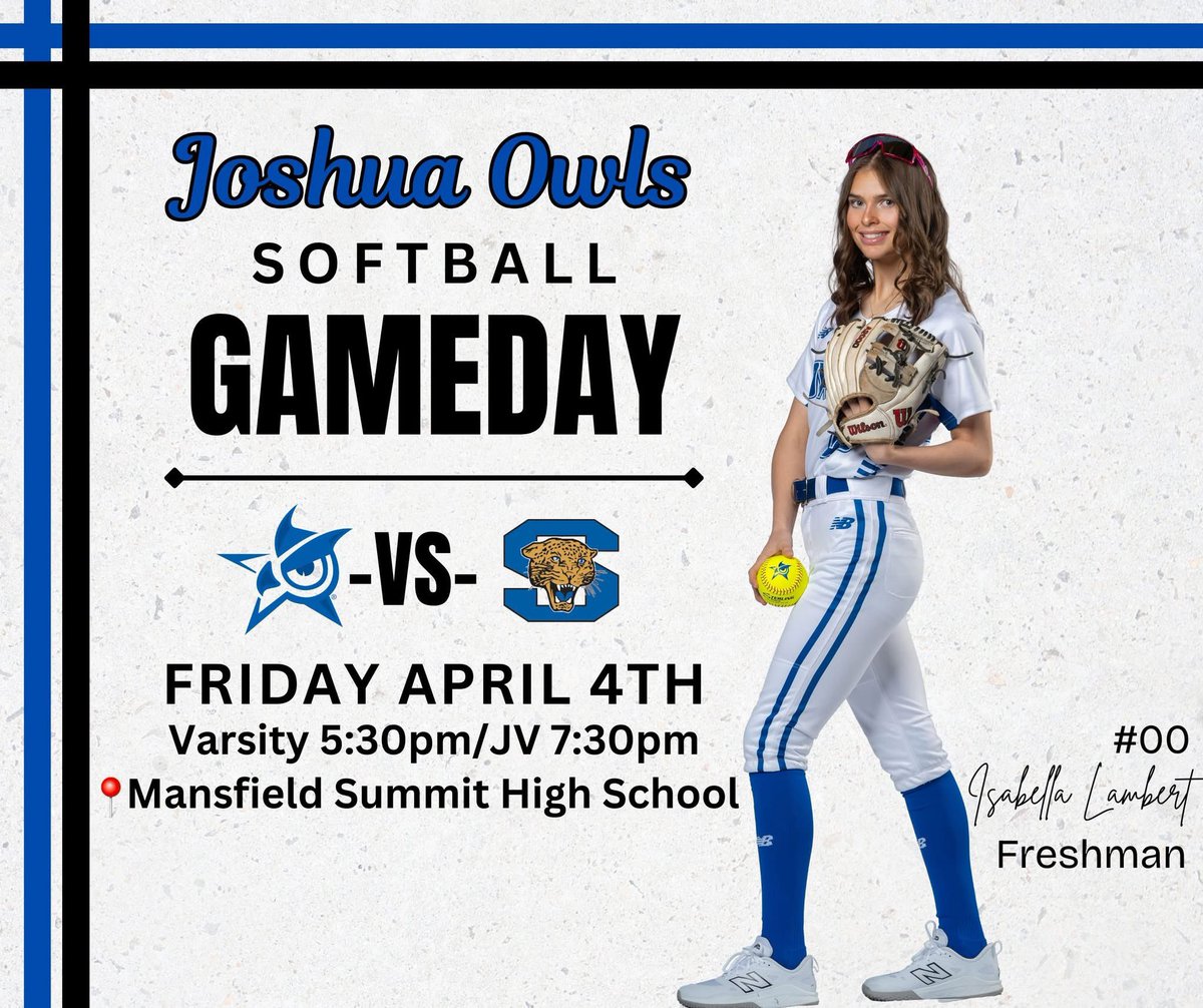🚨GAME DAY🚨

🥎 Lady Owls Softball🥎

🆚 Mansfield Summit
📍Summit
🗓️4/4
⌚️ 5:30 and 7

Bring your rain 🧥 and ☔️!