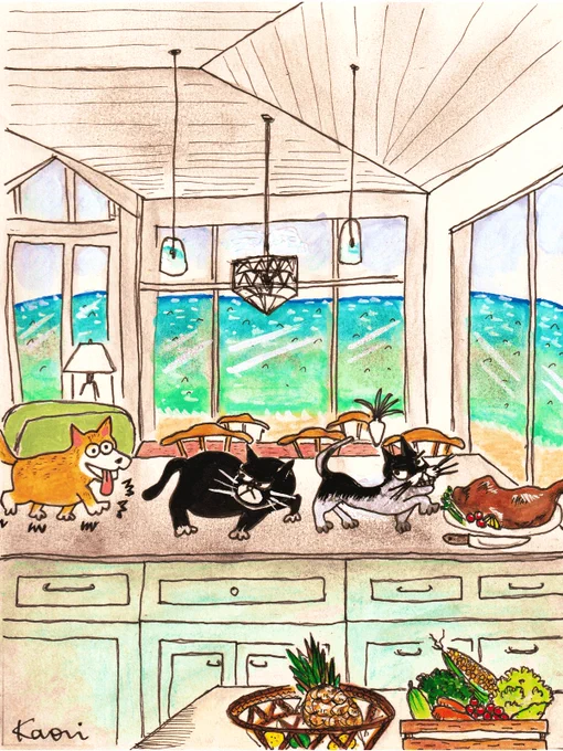 #イラスト #犬 #猫足音 ついてくるなだにゃー 
