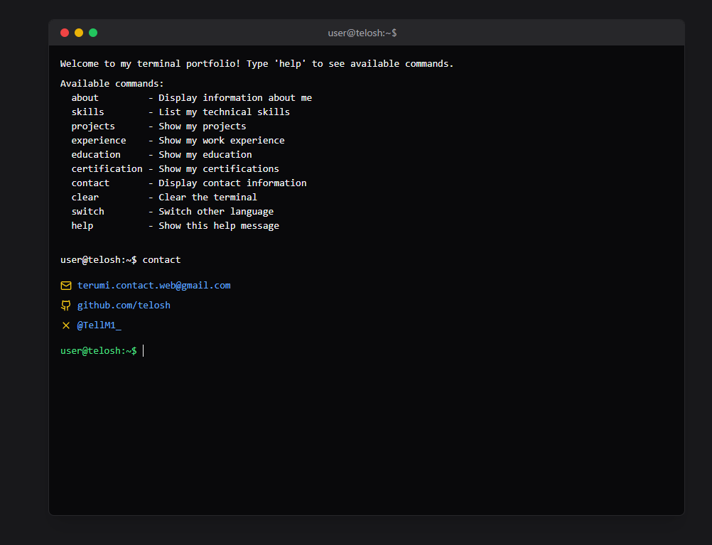 TellM1_'s tweet photo. https://t.co/bOIBUEbiF0
エンジニアならちょっと作りたくなるターミナル風ポートフォリオ
tailwind nextjs + α https://t.co/15KE8bjREu
