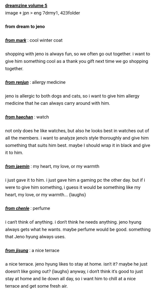 423folder's tweet image. [preview] dreamzine vol. 5  #JENO #제노 #ジェノ

from dream to jeno

mark - cool winter coat
renjun - allergy medicine
haechan - watch
jaemin - my heart, my love or my warmth
chenle - perfume
jisung - nice terrace