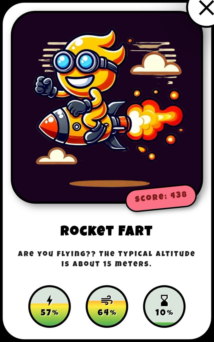 AIFartLab's tweet image. 🚀 Another banger from the community just dropped 💨

Introducing: Rocket Fart
It hits 15 meters of altitude and leaves a blazing trail behind. High thrust, low duration — a true fart missile.
Score: 438
⚡ Power: 57%
💨 Smoothness: 64%
⏱️ Duration: 10%

Can you launch higher?…
