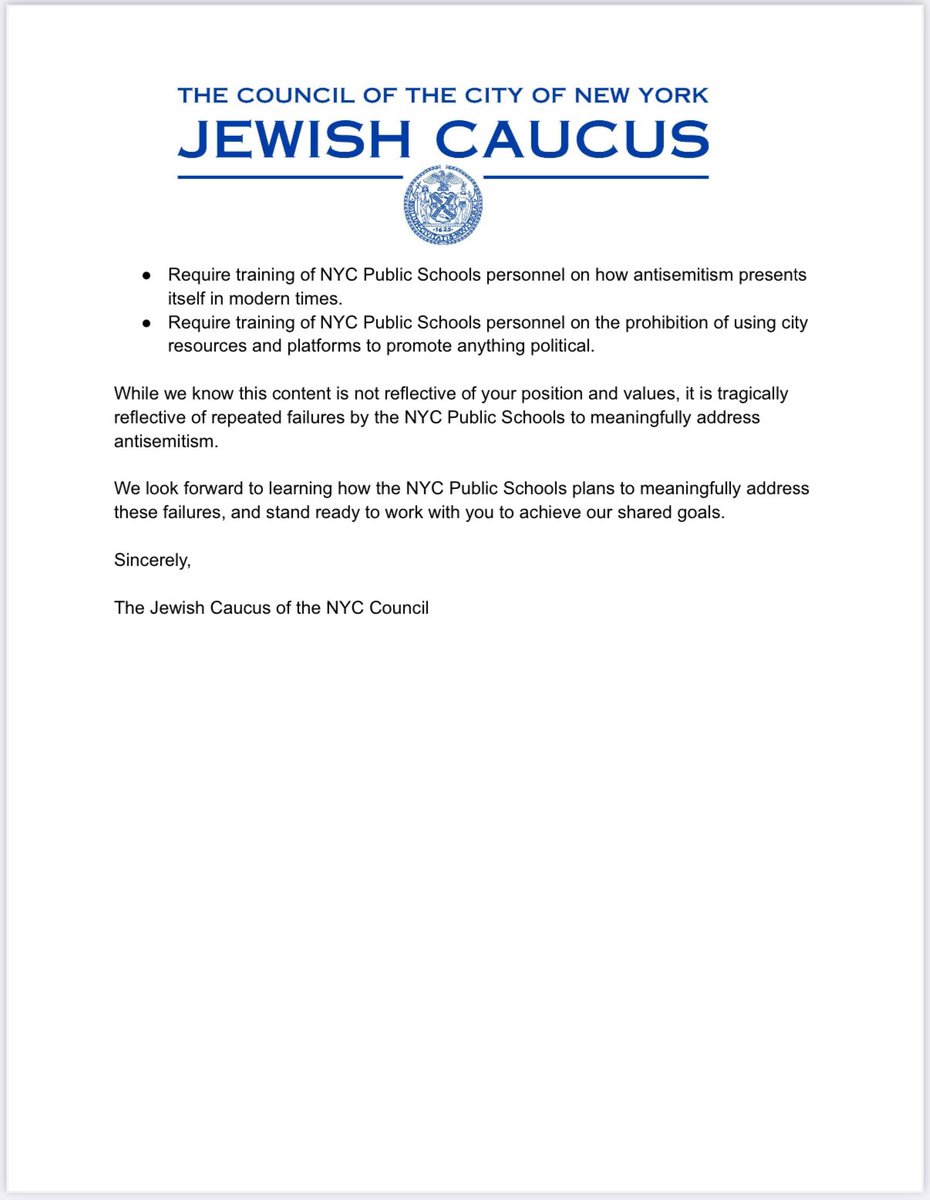 NYC Jewish Caucus (@nycjewishcaucus) on Twitter photo The Jewish Caucus sent a letter to <a href="/NYCSchools/">NYC Public Schools</a> regarding hateful and harmful materials that were shared with staff.
Read our letter below 👇👇👇 The Jewish Caucus sent a letter to <a href="/NYCSchools/">NYC Public Schools</a> regarding hateful and harmful materials that were shared with staff.
Read our letter below 👇👇👇