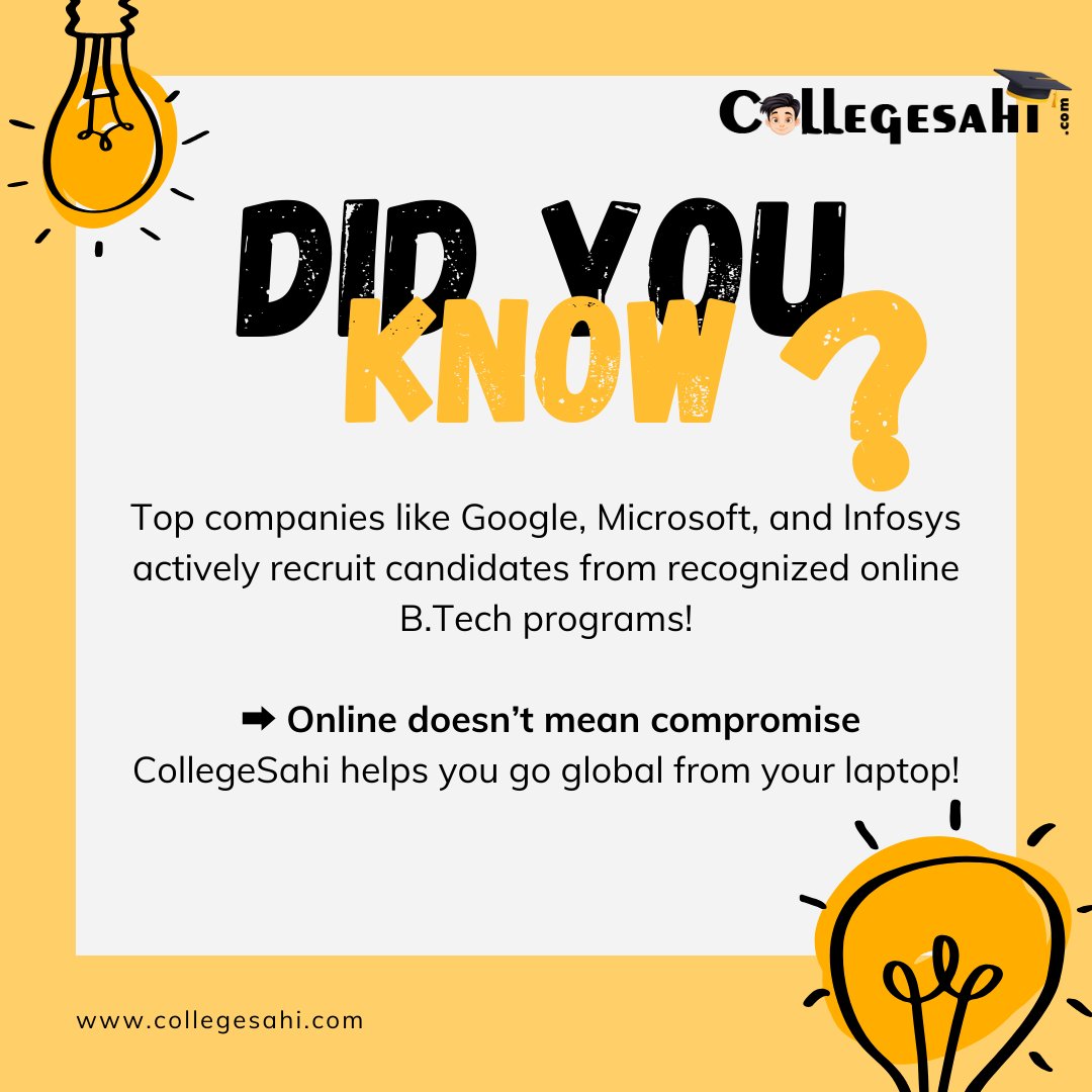 CollegeSahi's tweet image. Who says online learning can’t lead to big league careers? Your tech dreams are just a click away.

Visit Today: collegesahi.com

#OnlineBTech #TechCareers #StudyOnline #GoogleHiring #RemoteLearning #CollegeSahi #DigitalEducation #OnlineDegree #FutureEngineer