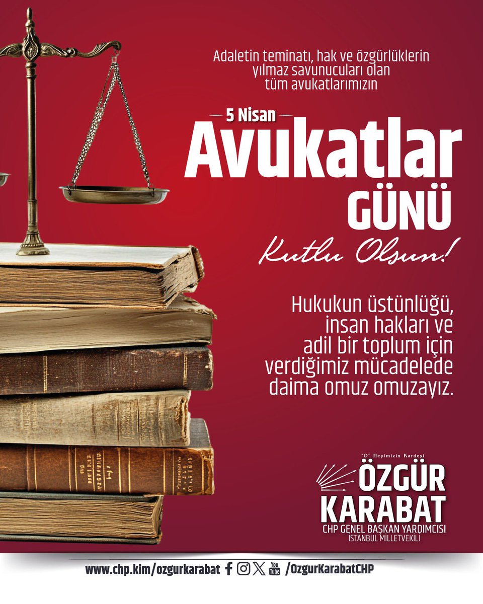 Adaletin teminatı, hak ve özgürlüklerin yılmaz savunucuları olan tüm avukatlarımızın 5 Nisan Avukatlar Günü kutlu olsun. Hukukun üstünlüğü, insan hakları ve adil bir toplum için verdiğimiz mücadelede daima omuz omuzayız.