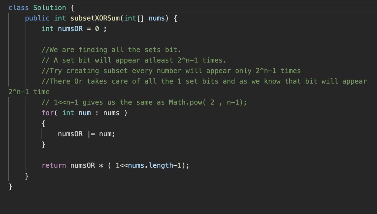 I never thought there was an O(n) solution for this problem:
1863. Sum of All Subset XOR Totals

But Boy oh boy…. that was such an elegant solution.
#100DaysOfCode #100xdevs #Leetcode