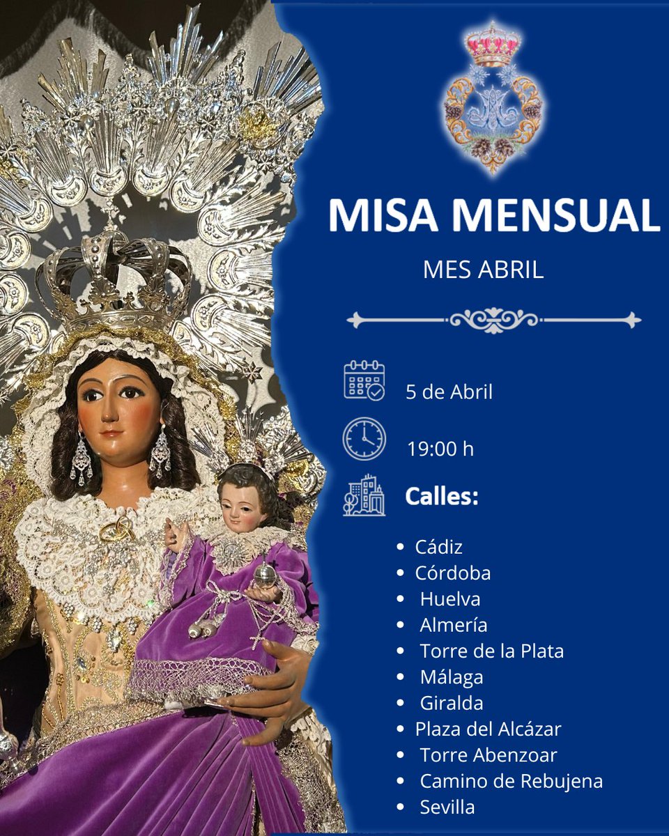 🙏 Misa mensual hoy a las 19h oficiada por Sr. D. José Antonio Morón Pardo, PBRO
Calles: Cádiz Córdoba Huelva Almería Torre de la Plata Málaga Giralda Pz Alcázar Torre Abenzoar Camino de Rebujena Sevilla  
¡Os esperamos! 🙏💙 #MisaMensual #NtraSraDeLasNieves #ComisiónDeLasNieves