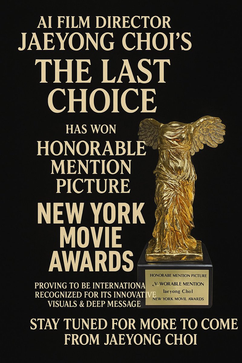 AI 영화감독 최재용의 작품 "The Last Choice"가
New York Movie Awards에서
Honorable Mention Picture 부문 우수 언급상(Honorable Mention)을 수상