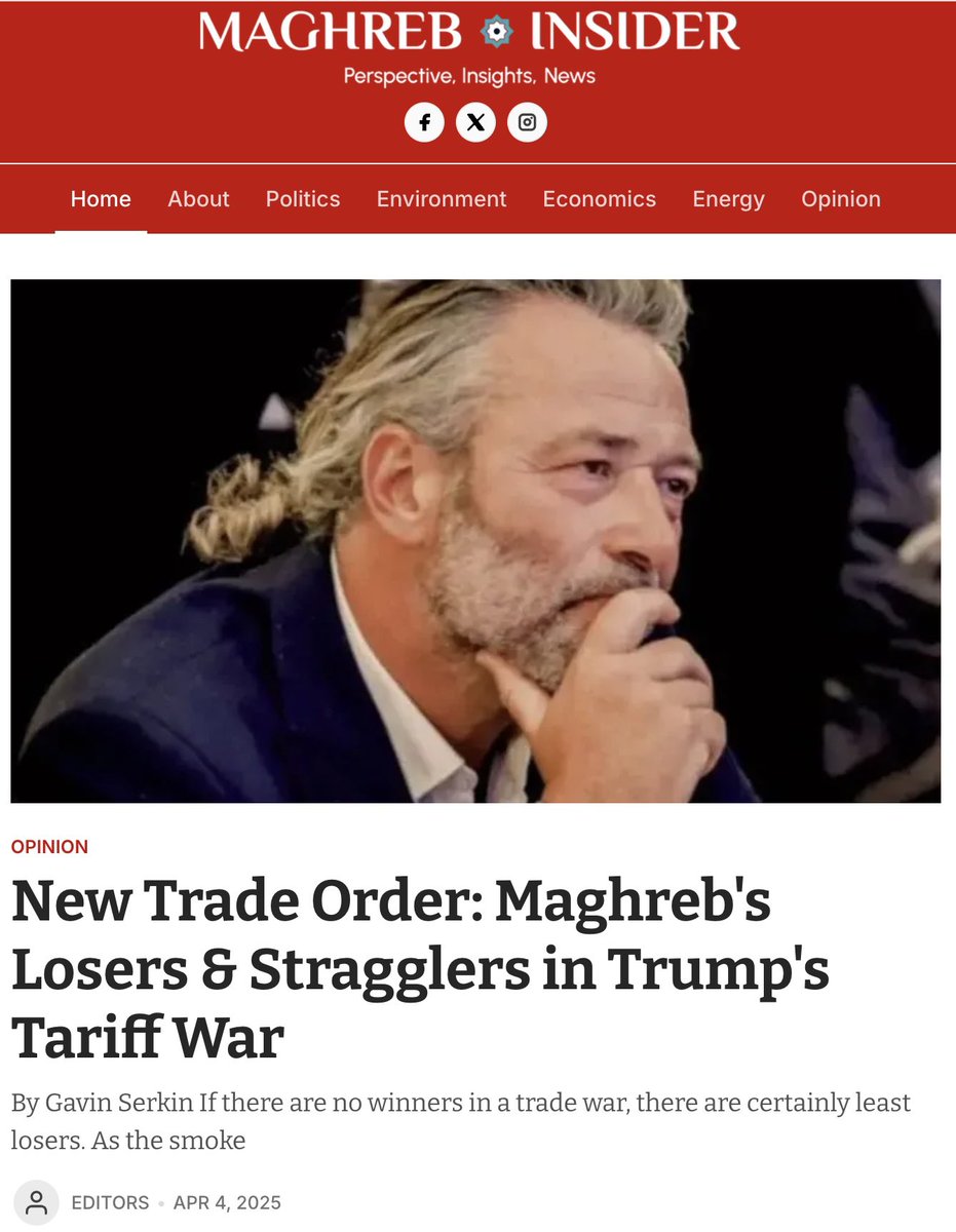 Gavin Serkin (@gserkin) on Twitter photo If there are no winners in the global #tradewar, there are certainly least losers. #Morocco is one, #Mauritania another. In my latest op-ed for <a href="/MaghrebInsiderr/">Maghreb Insider</a> I break down consequences for manufacturing, competitiveness and geopolitical realignments.
maghrebinsider.com/new-trade-orde… If there are no winners in the global #tradewar, there are certainly least losers. #Morocco is one, #Mauritania another. In my latest op-ed for <a href="/MaghrebInsiderr/">Maghreb Insider</a> I break down consequences for manufacturing, competitiveness and geopolitical realignments.
maghrebinsider.com/new-trade-orde…