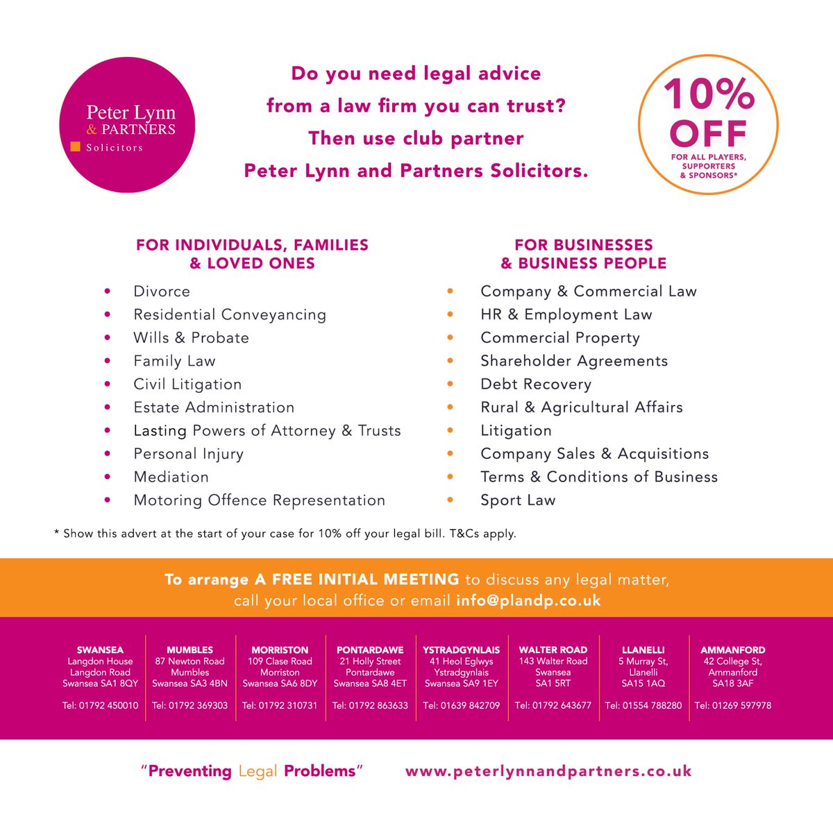 We're pleased to announce our new club sponsor Peter Lynn and Partners

All players, members, sponsors and supporters can benefit from a 10% discount on their services. Please see image for more info &amp; arrange a free initial consultation.

Thank you for your support 💛💙💛💙
