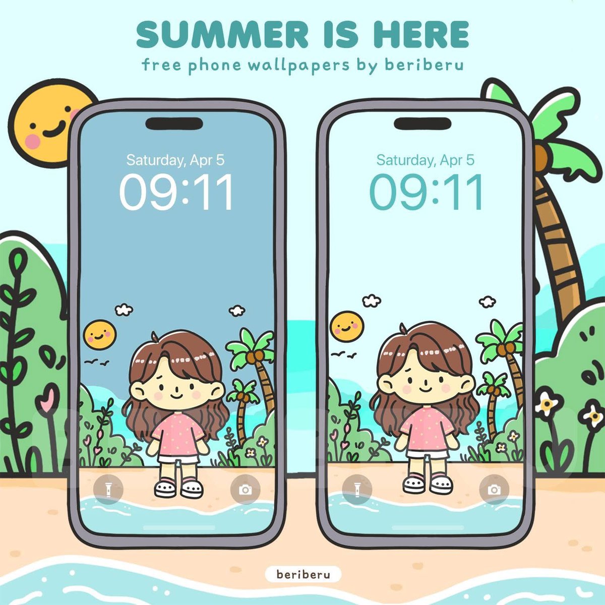 FREE phone wallpaper for you!🌻

Summer is here! 🏖 A set of summer cute phone background wallpaper or lockscreen. 🏝

🩷 Notes:
- 2 wallpapers (day &amp; dark mode)
- Android / iOS iPhone compatible

🩷 Download it here: ko-fi.com/beriberu/shop

#artph