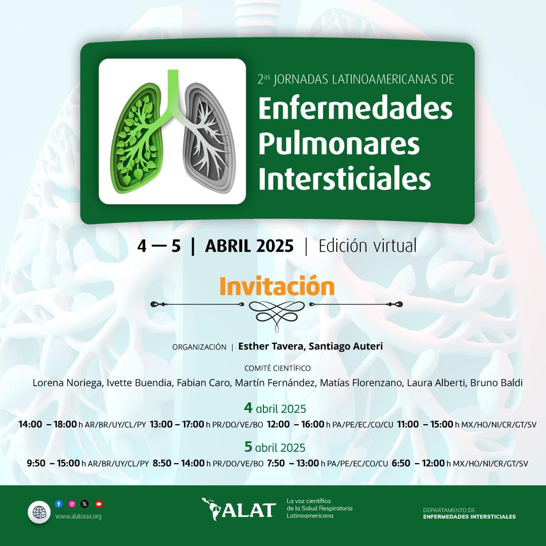 Continuamos … <a href="/ALATorax/">ALAT</a>  en las 2 das Jornadas de actualización de EPID en Latinoamérica 

jornadas-intersticialesalat.com