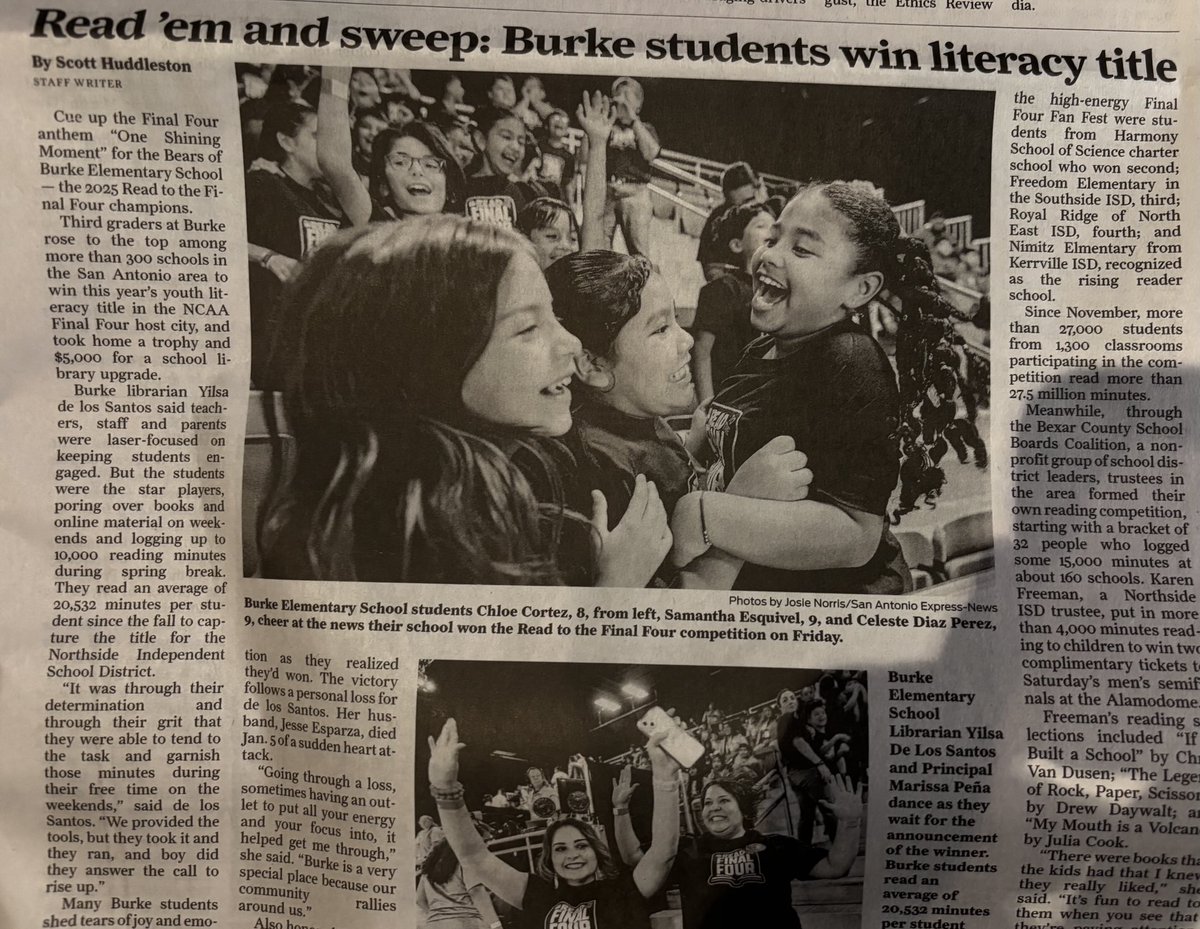 Aw, just look at ⁦<a href="/NISDBurke/">NISDBurke</a>⁩ 3rd gr. students’ faces- they certainly read &amp; swept the literacy title, logging in over 15,000 minutes! So proud of them &amp; fellow trustee, Karen Freeman,who won the school board division! Readers for life! ⁦<a href="/NISD/">Northside ISD</a>⁩ ⁦<a href="/shuddlestonSA/">Scott Huddleston</a>⁩