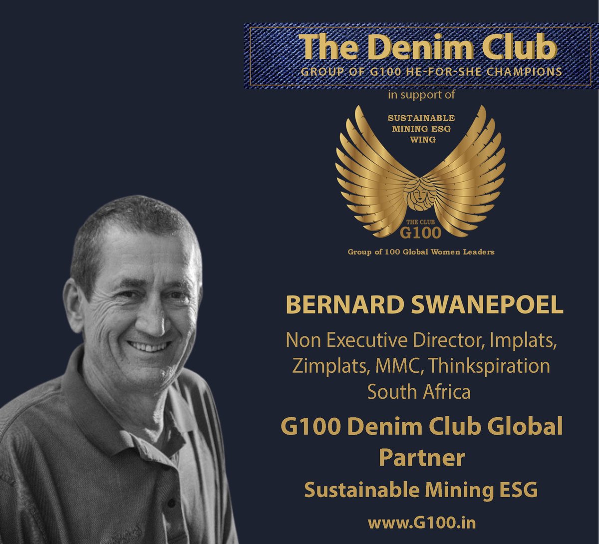 G100 (@g100wefleaders) on Twitter photo On behalf of Khosi Sibisi, G100 Global Chair for Sustainable Mining ESG, welcoming for this wing G100 Denim Club partner and inspiring leader, Bernard Swanepoel, Non Executive Director, Implats, Zimplats, MMC, Thinkspiration, South Africa.
#G100denimclub #HeForShe On behalf of Khosi Sibisi, G100 Global Chair for Sustainable Mining ESG, welcoming for this wing G100 Denim Club partner and inspiring leader, Bernard Swanepoel, Non Executive Director, Implats, Zimplats, MMC, Thinkspiration, South Africa.
#G100denimclub #HeForShe