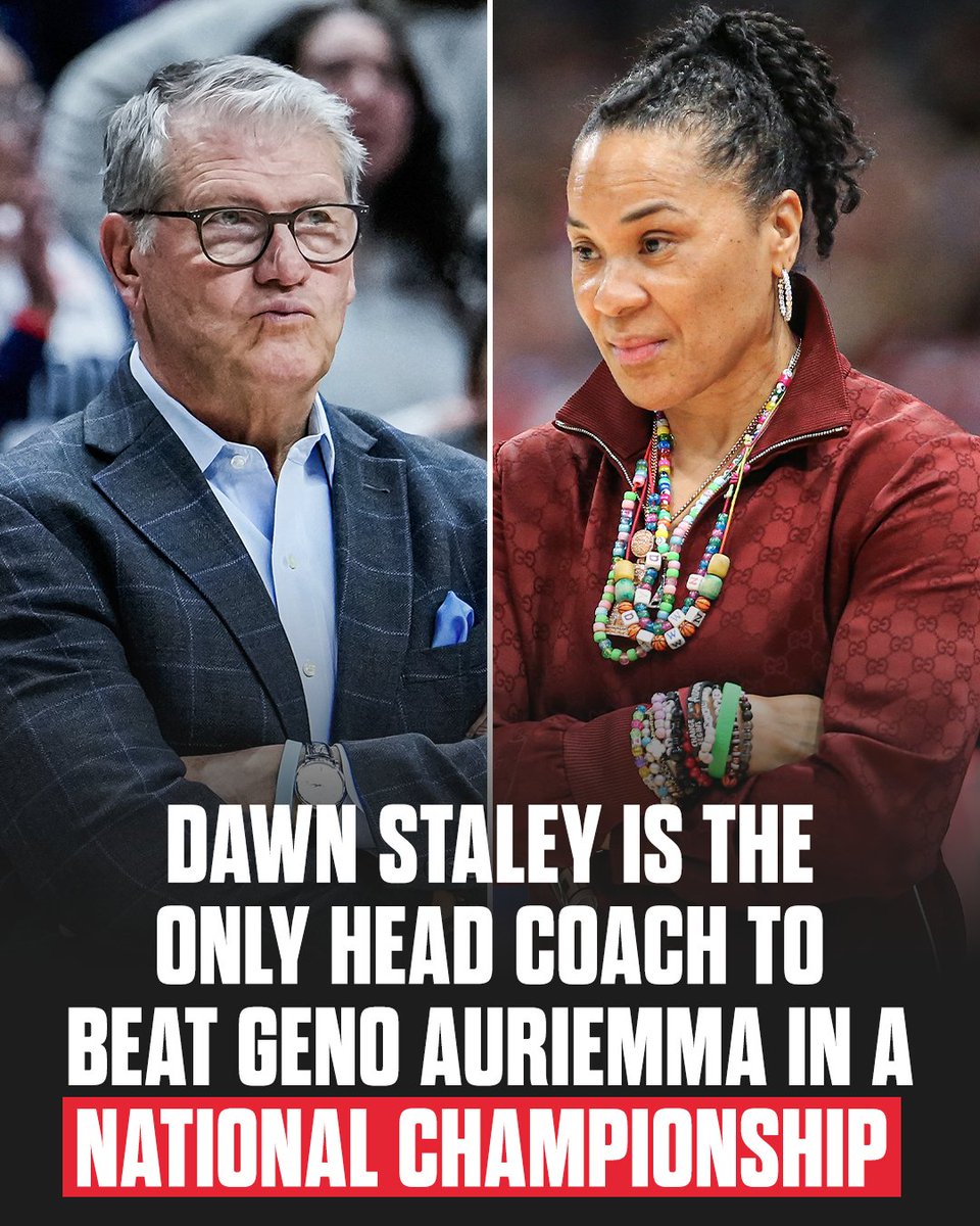 espnW's tweet photo. Geno Auriemma has been to the title game with UConn 12 times 🏆 

His one loss was to Dawn Staley's South Carolina 👀 https://t.co/vSq2ArwfSm