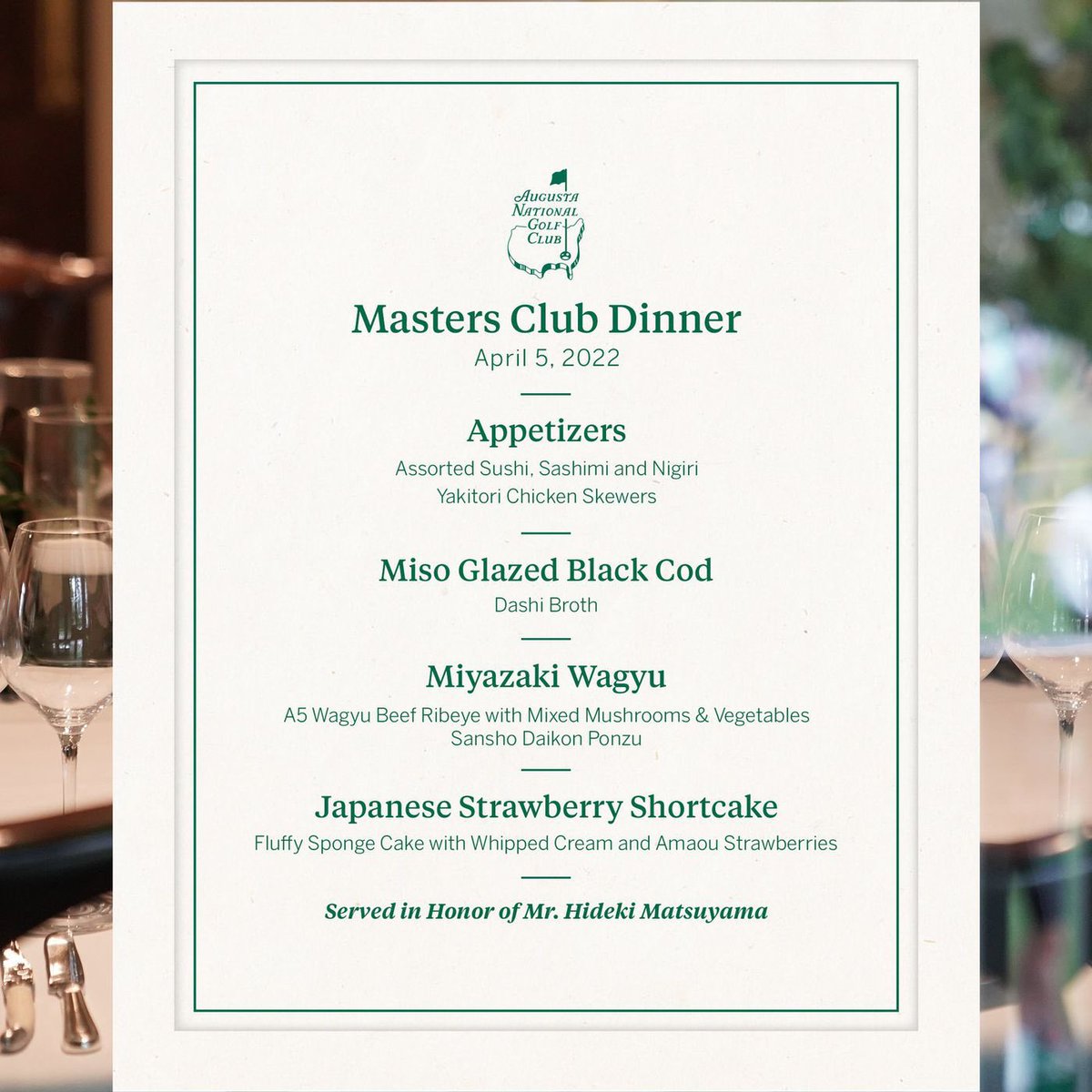 Sometimes I just sit around and think about how good Hideki Matsuyama's Champions Dinner at the Masters was, and how it would be good if he won every few years 

Am I alone?