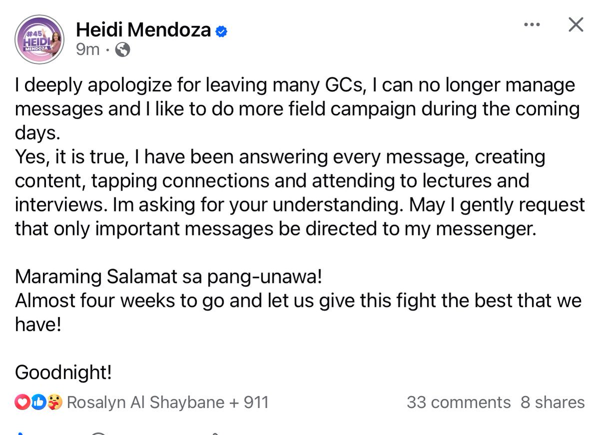 Anak ka ng Martial Law (@anakmartiallaw) on Twitter photo Siya yung kandidatong sumasagot sa group chat a few weeks, days ago. Walang social media manager, siyang, siya.
Thank you for hanging on as long as you can. Weβre still rooting and voting for you, <a href="/HeidiMendoza45/">Heidi Mendoza</a> Siya yung kandidatong sumasagot sa group chat a few weeks, days ago. Walang social media manager, siyang, siya.
Thank you for hanging on as long as you can. Weβre still rooting and voting for you, <a href="/HeidiMendoza45/">Heidi Mendoza</a>