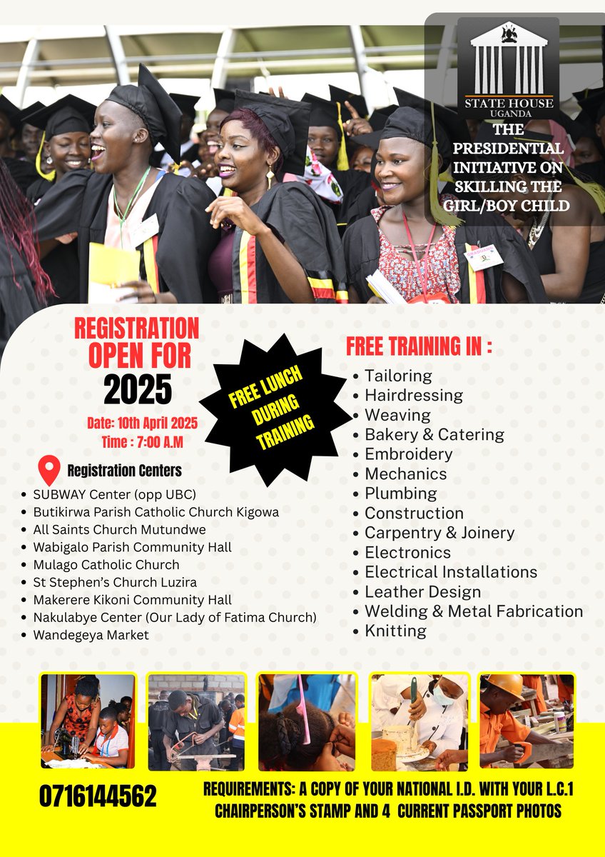 Presidential Initiative on Skilling the Girl/Boy (@pisgbc) on Twitter photo We are Registering! See posters for dates requirements and more. <a href="/KagutaMuseveni/">Yoweri K Museveni</a> <a href="/JanetMuseveni/">Janet K Museveni</a> <a href="/StateHouseUg/">State House Uganda</a> <a href="/GovUganda/">Government of Uganda</a> <a href="/GCICUganda/">Government Citizen Interaction Centre</a> <a href="/initiative_ug/">Presidential Initiative Ug</a> <a href="/JaneBarekye/">Jane Barekye</a> <a href="/MKarekye/">Marcella Karekye</a> <a href="/UgandaMediaCent/">Uganda Media Centre</a> We are Registering! See posters for dates requirements and more. <a href="/KagutaMuseveni/">Yoweri K Museveni</a> <a href="/JanetMuseveni/">Janet K Museveni</a> <a href="/StateHouseUg/">State House Uganda</a> <a href="/GovUganda/">Government of Uganda</a> <a href="/GCICUganda/">Government Citizen Interaction Centre</a> <a href="/initiative_ug/">Presidential Initiative Ug</a> <a href="/JaneBarekye/">Jane Barekye</a> <a href="/MKarekye/">Marcella Karekye</a> <a href="/UgandaMediaCent/">Uganda Media Centre</a>