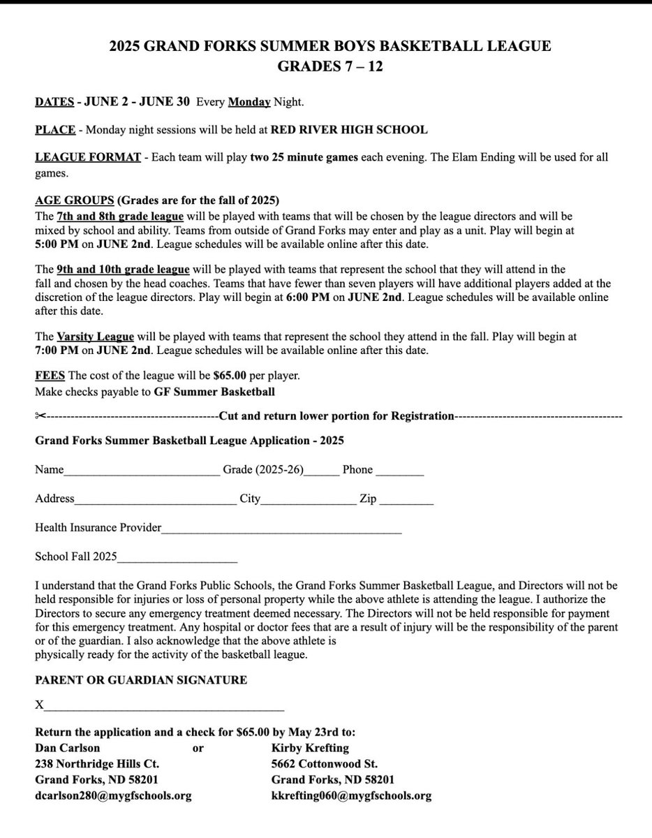 Summer league individual and team registration forms for 2025.
